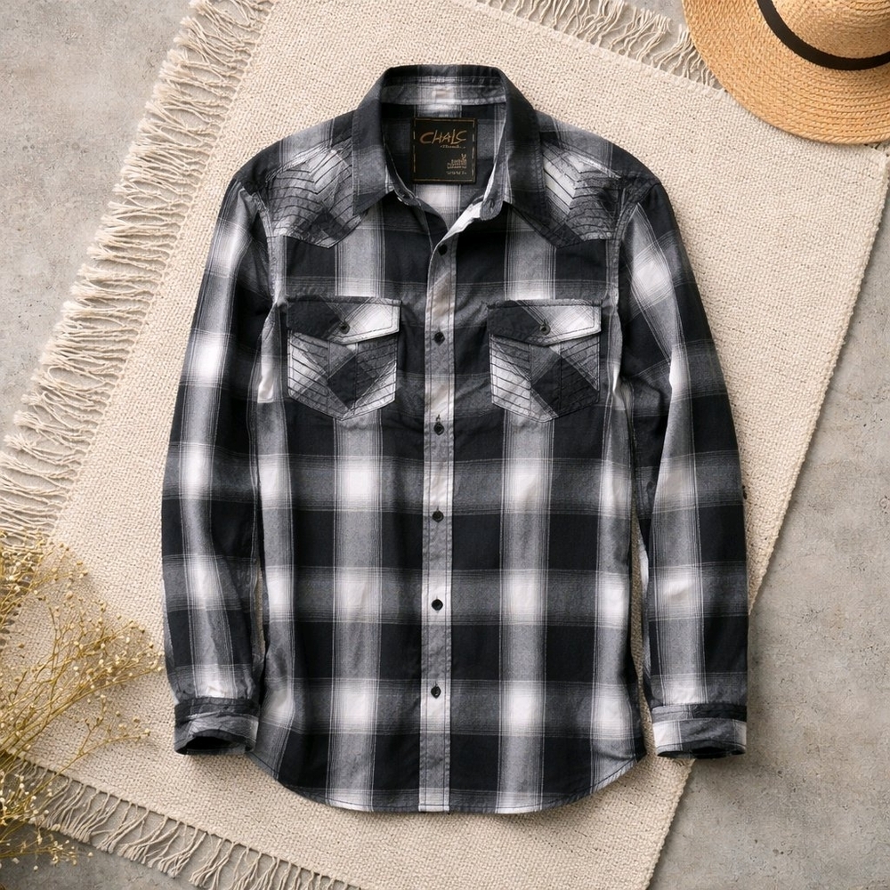Men's Medium CHALC Authentic Black & White Plaid Western Shirt (60/40 Blend)